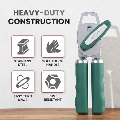 Zulay Kitchen Heavy Duty Stainless Steel Can Opener Manual with Bottle Opener - Rust Proof Manual Can Opener With Turn Knob & Comfy Soft Grip Handles - Pine Green - Image 3