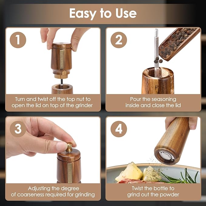 Wooden Salt and Pepper Grinder Set with Brush and Spoon, 8 Inch Manual Salt and Pepper Mill, Adjustable Coarseness, Refillable Pepper Grinder with Ceramic Core for Kitchen, Brown