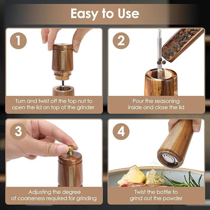 Wooden Salt and Pepper Grinder Set with Brush and Spoon, 8 Inch Manual Salt and Pepper Mill, Adjustable Coarseness, Refillable Pepper Grinder with Ceramic Core for Kitchen, Brown