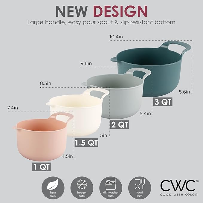 COOK WITH COLOR Nesting Plastic Mixing Bowl Set with Pour Spouts and Handles, Teal and Pink, 4 Piece Non-Slip - Image 7