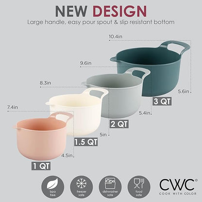 COOK WITH COLOR Nesting Plastic Mixing Bowl Set with Pour Spouts and Handles, Teal and Pink, 4 Piece Non-Slip - Image 7