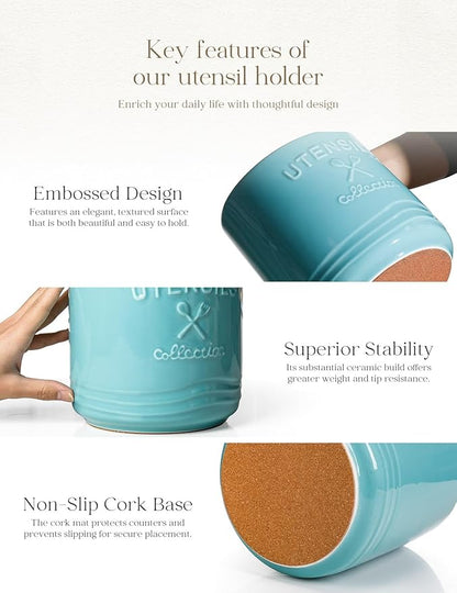 AISBUGUR Large Ceramic Utensil Holder 7.5" H×6.3" W with Slanted Mouth - Utensil Crock with Non-Slip Cork Base for Kitchen Counter, Ideal for Decor & Gift,Blue - Image 7