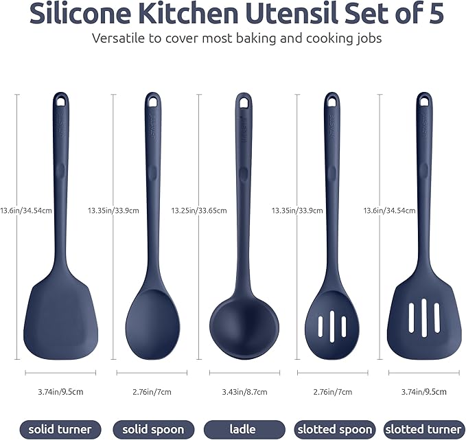 Silicone Kitchen Cooking Utensil Set: U-Taste High Heat Resistant 13.6in Kitchen Gadgets, BPA Free Non Stick Rubber Cook Accessories For Stir Frying, Serving, Basting, Mixing (5 Pieces, Midnight Blue) - Image 2