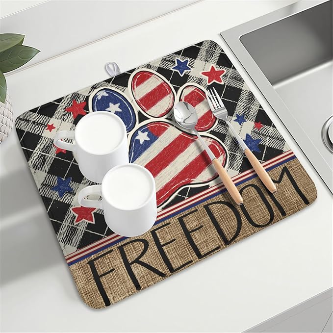 4th of July Dish Drying Mat 18x16 Inch, Patriotic Drying Mat with Absorbent Reversible Microfiber, Independence Day Dish Drainer Mats Memorial Day Rack Pad for Coffee Countertop Kitchen Protector