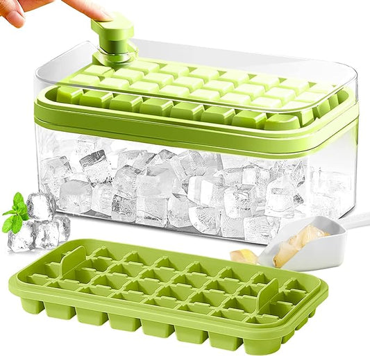 Ice Cube Tray with Lid and Bin, 2 Pack for Freezer, 64 Pcs Ice Cube Mold (Green) by DOONLY