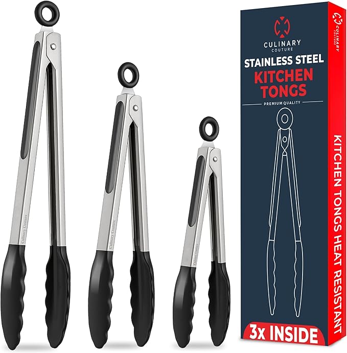 Kitchen Tongs with Silicone Tips Set of 3 Heat Resistant Tongs for Serving Food, 7-Inch, 9-Inch, 12-Inch Locking Silicone Tongs for Cooking, Salad Tong, Black Kitchen Utensils by CulinaryCouture