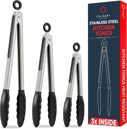 Kitchen Tongs with Silicone Tips Set of 3 Heat Resistant Tongs for Serving Food, 7-Inch, 9-Inch, 12-Inch Locking Silicone Tongs for Cooking, Salad Tong, Black Kitchen Utensils by CulinaryCouture