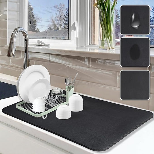 Dish Drying Mat for Kitchen Counter, 16"x24" Dish Drying Pad with Non-slip Rubber Backed, Hide Stain Anti Absorbent for Kitchen Counter, Drying Mat for Coffee Machine Dish Rack (Black) by Etomiel