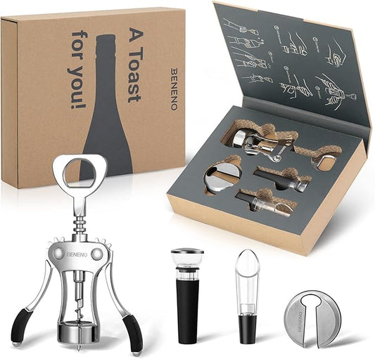 Beneno Multifunctional Wine Bottle Opener Gift Wing Corkscrew, Foil Cutter, Vacuum Stopper & Aerator Pourer, Perfect for Wine Lovers Man Woman, Ingot Silver by Beneno