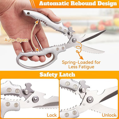 Heavy Duty Kitchen Scissors, Poultry Shears for Meat, Chicken, Bone, Turkey, Fish. Multi-Purpose Kitchen Shears With Anti-Slip Handle, Spring Loaded, Dishwasher Safe