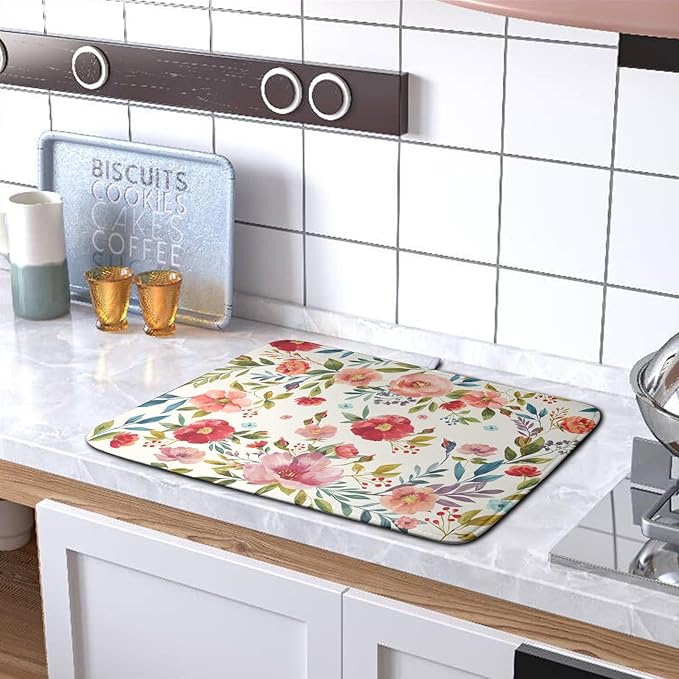 Floral Dish Drying Mat for Kitchen Counter Absorbent Microfiber Dishes Drying Pad Cute Flowers Dish Drainer Rack Mats Washable Coffee Sink Mat Extra Large 18"x24" Dish Mat - Image 5