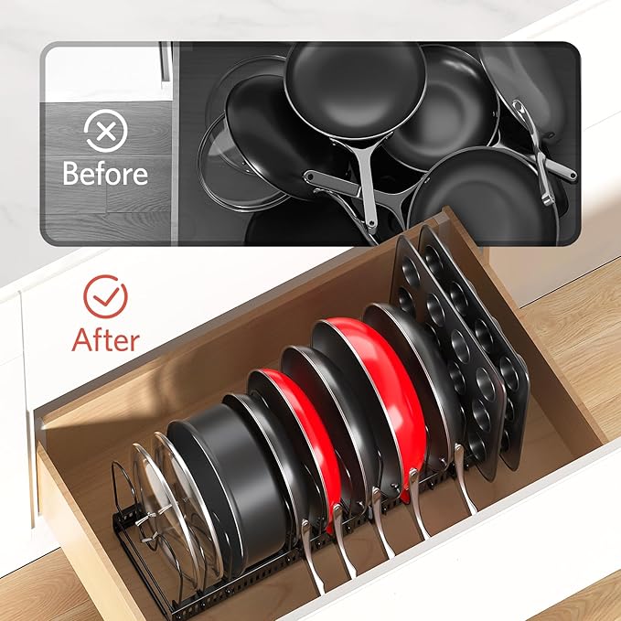 ORDORA Pots and Pans Organizer under Cabinet, Expandable 11.8"-22.8" Pot Lid Holder with 12 Adjustable Dividers, Pan Organizers inside Cabinet for Kitchen Cookware Bakeware, Black - Image 6