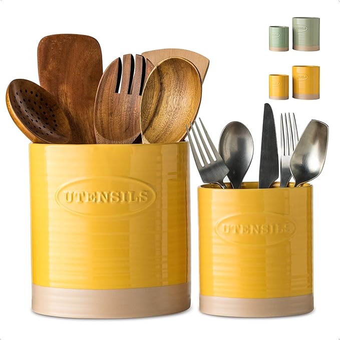 YHOSSEUN Kitchen Utensil Holder Set of 2, Ceramic Utensil Holder for Kitchen Counter, 6.7"+5.1" Cooking Utensil Crocks for Spatula, Oval Opening, Yellow by YHOSSEUN