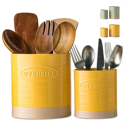 YHOSSEUN Kitchen Utensil Holder Set of 2, Ceramic Utensil Holder for Kitchen Counter, 6.7"+5.1" Cooking Utensil Crocks for Spatula, Oval Opening, Yellow by YHOSSEUN
