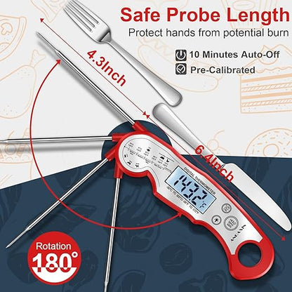 Meat Thermometer Digital - Fast Instant Read Food Thermometer for Cooking, Candy, Outside Grill, and Roast, Digital Food Thermometer with Backlight LCD & Calibration - Red/Silver - Image 5