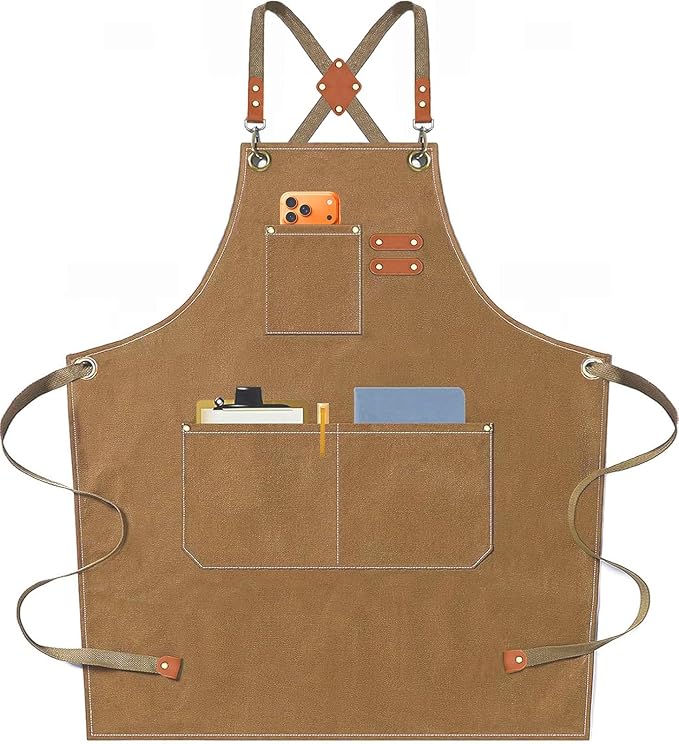 AFUN Chef Aprons for Men Women with Oversized Pockets, 16-Ounce Cotton Canvas Cross Back Heavy Duty Work Apron (Brown) by BringYouaFun