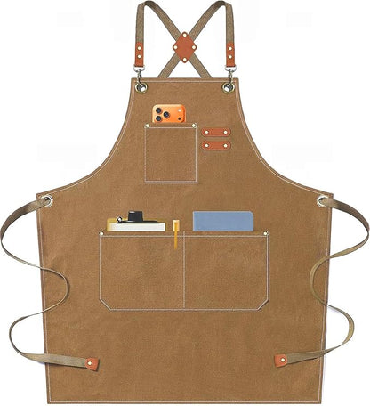 AFUN Chef Aprons for Men Women with Oversized Pockets, 16-Ounce Cotton Canvas Cross Back Heavy Duty Work Apron (Brown) by BringYouaFun