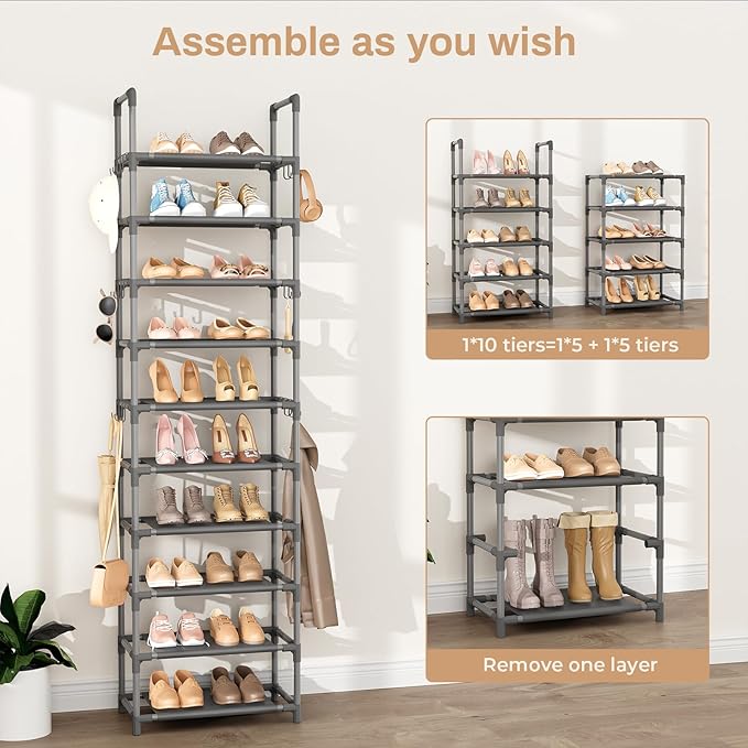 VTRIN 10 Tiers Tall Shoe Rack Holds 20-25 Pairs of Shoes Sturdy Vertical Shoe Organizer with 18pcs Hooks Stackable Narrow Shoe Rack for Closet, Entryway Grey - Image 5