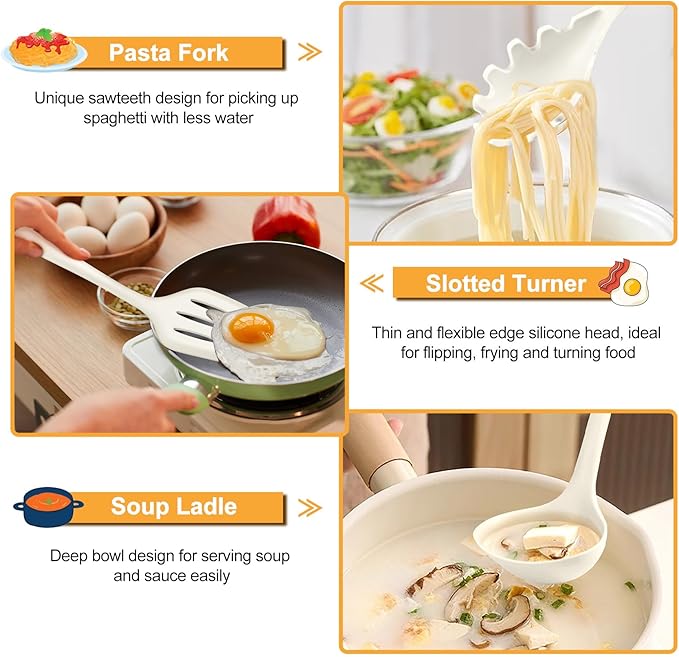 TeamFar Silicone Cooking Utensils Set, 7-Piece Heat Proof Kitchen Utensils Set, Kitchen Tools Spatula Turner Ladle Spoon Pasta Fork for Nonstick Cookware, Non-Toxic & Dishwasher Safe, White - Image 5