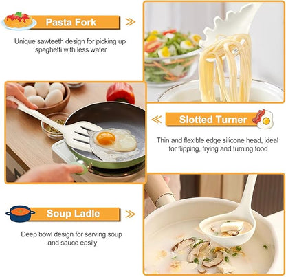TeamFar Silicone Cooking Utensils Set, 7-Piece Heat Proof Kitchen Utensils Set, Kitchen Tools Spatula Turner Ladle Spoon Pasta Fork for Nonstick Cookware, Non-Toxic & Dishwasher Safe, White - Image 5