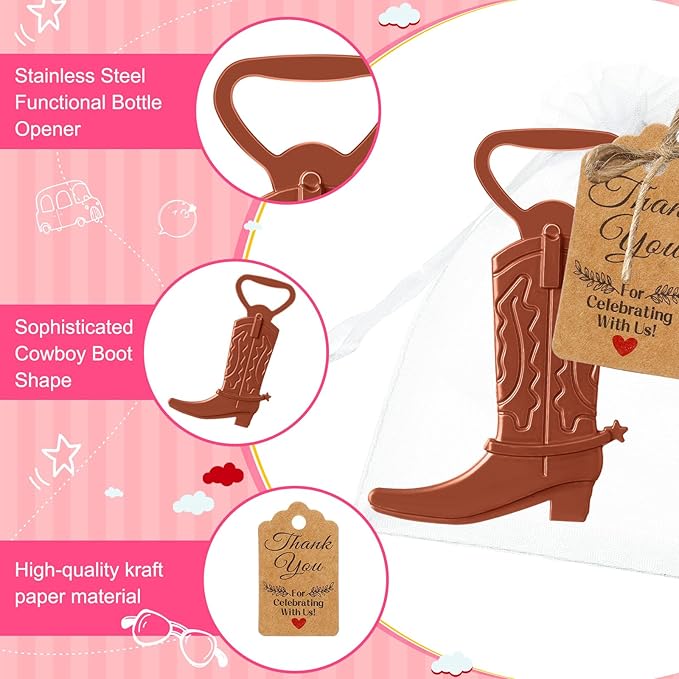 Meanplan 99 Pcs Cowboy Boot Bottle Opener Set Cowgirl Western Derby Wedding Party Favor Includes Cowboy Beer Bottle Opener Organza Bag Thank You Tag and Jute Rope for Guest Wedding Party Baby Shower - Image 3