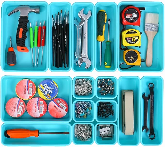 Kutesna 15 PCS Interlocking Desk Drawer Organizer Separator for Office,Bathroom,Kitchen,Makeup（Blue&Green） - Image 6