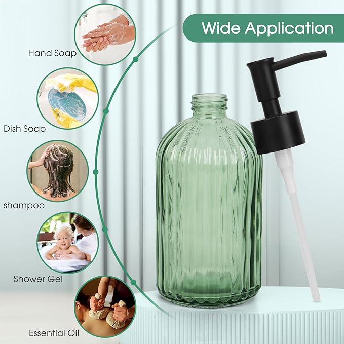 Topsky Glass Soap Dispenser with Black Plastic Pump, 400ml Liquid Hand Soap Dispenser, Rustproof Pump for Kitchen & Bathroom, Great for Lotions, Essential Oil, Liquid Soaps (Army Green) - Image 7