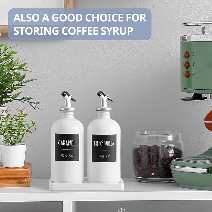 Olive Oil Dispenser Bottle for Kitchen, 16oz Glass Oil and Vinegar Dispenser Set with Wood Tray & 54 Labels - White Cooking Oil Bottles for Kitchen - Coffee Syrup Dispenser - Set of 2 - Image 5