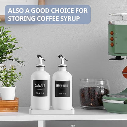 Olive Oil Dispenser Bottle for Kitchen, 16oz Glass Oil and Vinegar Dispenser Set with Wood Tray & 54 Labels - White Cooking Oil Bottles for Kitchen - Coffee Syrup Dispenser - Set of 2 - Image 5