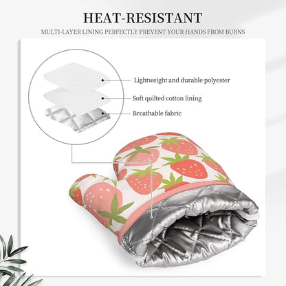 Strawberry Silicone Oven Mitts Pan Mats Set of 2, Heat Resistant Gloves Potholder with Non-Slip Grips Hanging Loops Pot Holder, Spring Summer for Chef Cooking, Baking, Grilling, BBQ