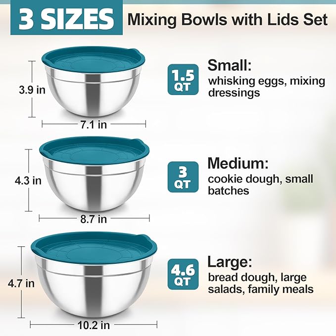 TeamFar Mixing Bowls, Stainless Steel Nesting Salad Bowls with Airtight Lids Set, For Serving/Mixing/Storing, Healthy & Heavy-duty, Dishwasher Safe & Easy Clean, 4.6/3 / 1.5 QT, Navy Blue - Image 2