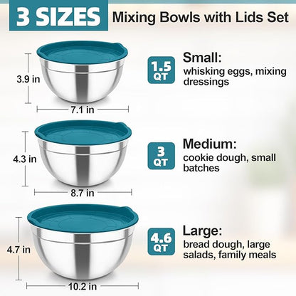 TeamFar Mixing Bowls, Stainless Steel Nesting Salad Bowls with Airtight Lids Set, For Serving/Mixing/Storing, Healthy & Heavy-duty, Dishwasher Safe & Easy Clean, 4.6/3 / 1.5 QT, Navy Blue - Image 2