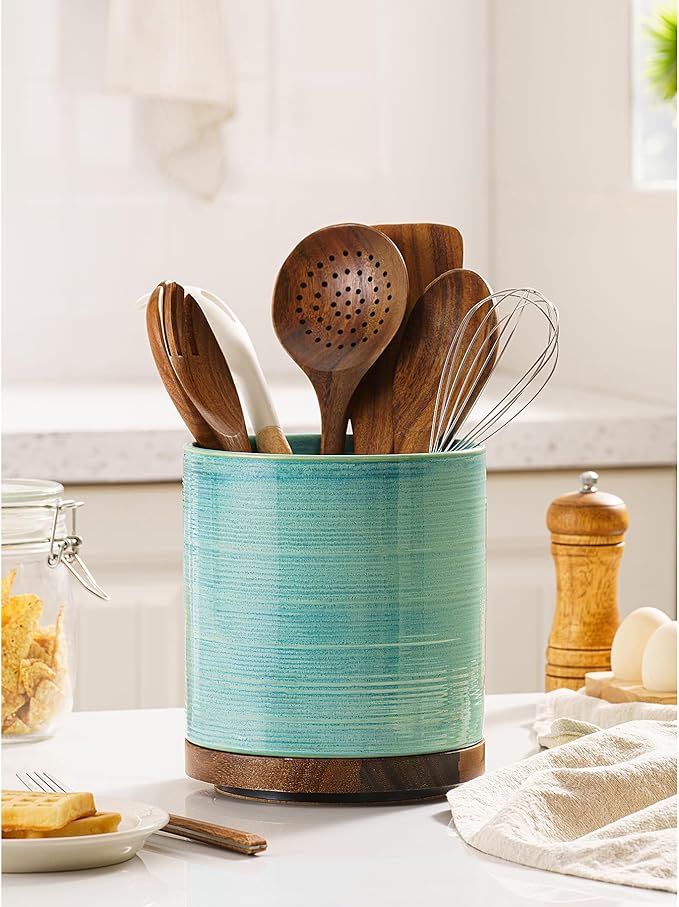 Utensil Holder, 360° Rotating Extra Large Ceramic Kitchen Utensil Holder for Countertop, Cooking Utensil Crocks for Counter with Rotatable Wooden Base, Farmhouse Kitchen Decor, Green - Image 2