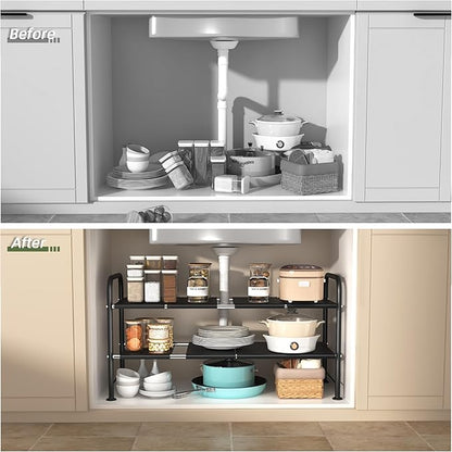 NETEL Under Sink Organizers and Storage,2 Tier Shelf Under Bathroom Sink,Cabinet Organizer with 8 Removable Carbon Steel Panels，Partition Height Adjustable,(27.36-36.02)" W x 12.28" D x 16.93" H