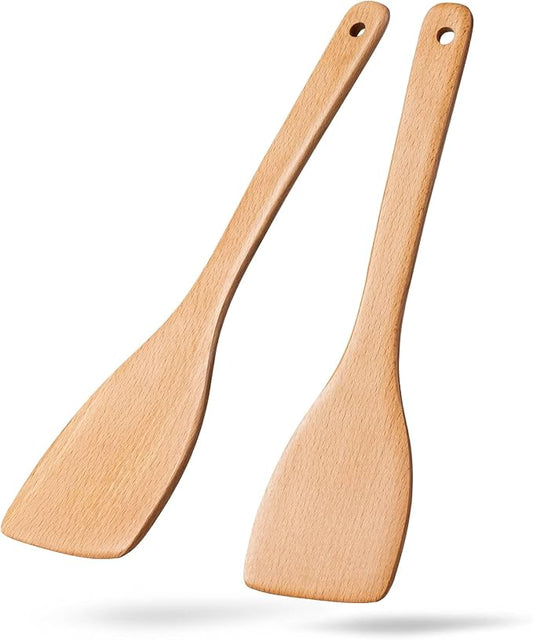 2pcs Wooden Spatulas for Cooking, 13inch Coated Beech Wood Turners for Frying, Non-Scratch Flat Spurtle for Pan & Wok, Cooking Utensils for Non Stick Cookware, Long Handle Scraper by HEFILD