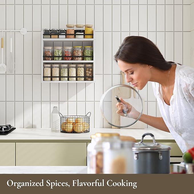 3 Tier Wooden Spice Rack, Seasoning Jars Rack Shelf Spice Organizer for Countertop or Wall Mount, Vertical Spice Holder for Kitchen Counter, Cabinet, Pantry, White - Image 8