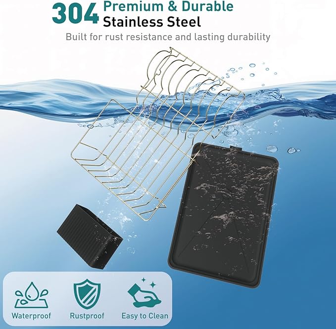 Buruis Dish Drying Rack for Kitchen Countertop, Large Capacity Gold Stainless Steel Dish Drainer with Anti-Slip Rubber Feet, Removable Drain Board and Utensil Holder (Black Tray) - Image 7