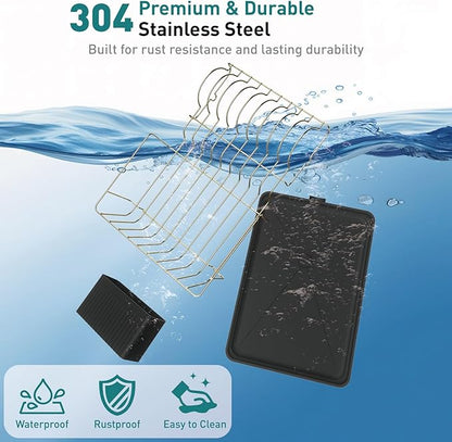 Buruis Dish Drying Rack for Kitchen Countertop, Large Capacity Gold Stainless Steel Dish Drainer with Anti-Slip Rubber Feet, Removable Drain Board and Utensil Holder (Black Tray) - Image 7