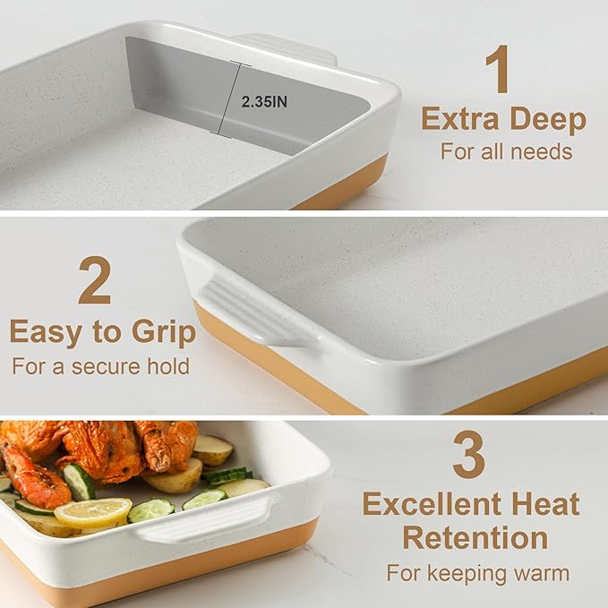 Ceramic Baking Casserole Dish with Handles, Large 9x13 inch Pan and Middle Baking Pan - Porcelain Serving Bakeware Set (Farmhouse White) - Image 5