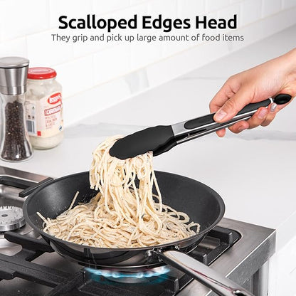600ºF Heat Resistant Kitchen Tongs: U-Taste 9 inch Silicone Cooking Tong with Firm Sealed Non Stick Rubber Tips & Silicon Coated 18/8 Stainless Steel Handle & Smooth Locking for Serving Salad (Black) - Image 4