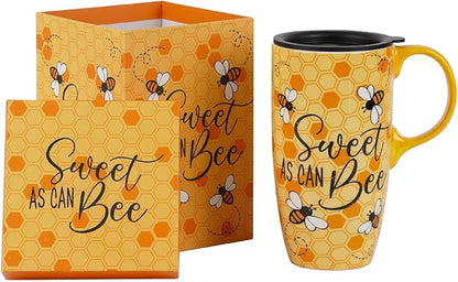 Topadorn Ceramic Travel Mug with Lid and Handle for Men Women Office Work, Microwave & Dishwasher Safe,17Oz, 6.5" H Tall Tea Cup in Color Box, Bee