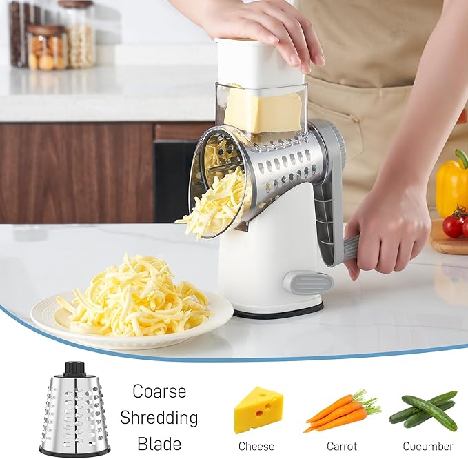 VEKAYA Rotary Cheese Grater Hand Crank with 4 Interchangeable Stainless Steel Blades, Large Manual Handle Shredder and Waffle Slicer for Vegetables, Cheese and Nuts with Table Suction Base(White Grey)