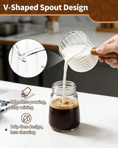 2 Pack Espresso Measuring Cup, 6oz Borosilicate Glass Espresso Cups with Wood Handle, V-Shaped Spout Milk Frothing Cup for Coffee, Tea, Syrup – Dishwasher Safe