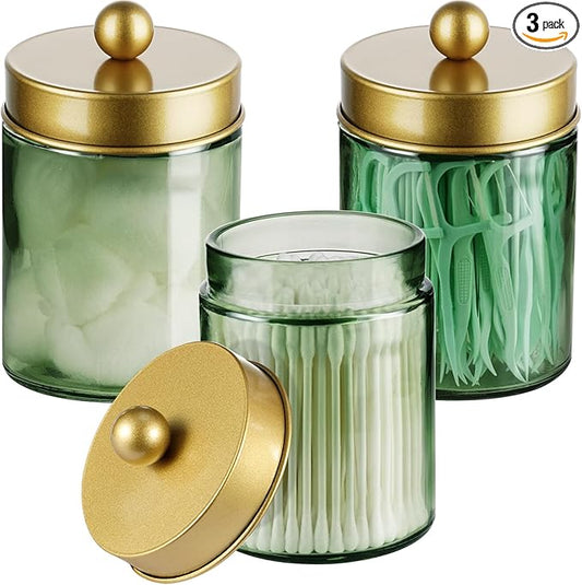 3 Pack Apothecary Jar Canisters Bathroom Vanity Organizer - Qtip Holder Storage Organizer Set Countertop Canister with Stainless Steel Lids &Cute Stickers for Qtips,Cotton Swabs,Makeup Sponges,Floss