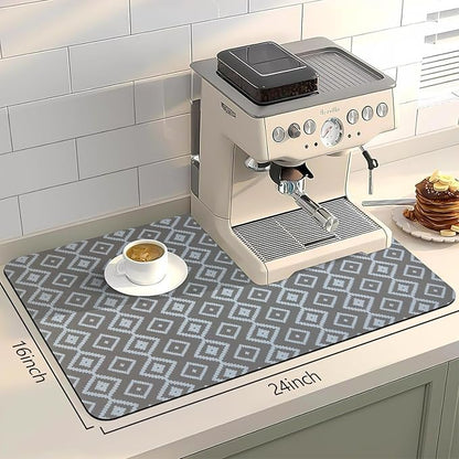 Bloss Dish Drying Mat, 2025 Multiple Usage Coffee Bar Mat, Kitchen Counter Mat, Absorbent Hide Stain Rubber Backed Dish Drying Pad(16.1"x24.1", Gray-White Plaid) - Image 2