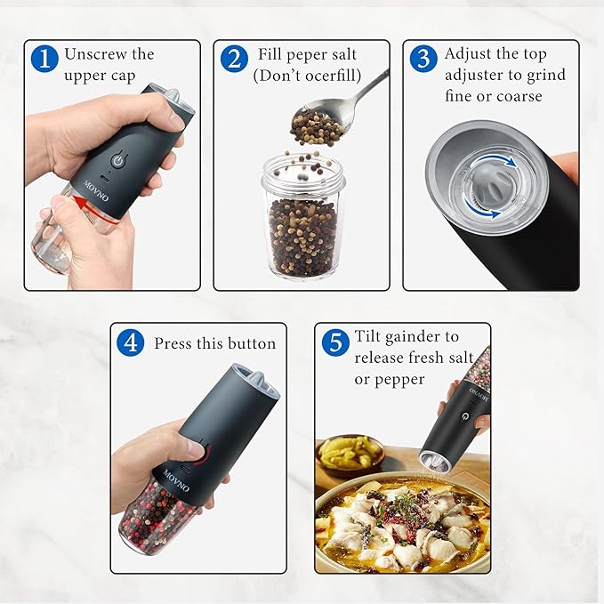 Gravity Electric Salt and Pepper Grinder Set, Battery Powered LED Light One Hand Automatic Operation, Adjustable Coarseness Mill Grinders Shakers Black (E. USB rechargeable -2P)