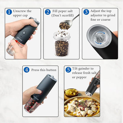 Gravity Electric Salt and Pepper Grinder Set, Battery Powered LED Light One Hand Automatic Operation, Adjustable Coarseness Mill Grinders Shakers Black (E. USB rechargeable -2P)