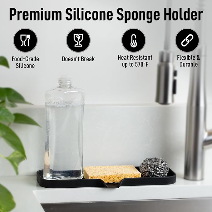 Zulay Kitchen Large Silicone Sponge Holder (12x4) – Flexible Sink Organizer Tray for Kitchen & Bathroom – Multipurpose Soap Dish for Sponges, Makeup, Trinkets & More (Black) - Image 2
