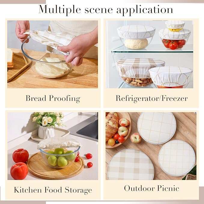 Tirphy 5-Size Reusable Bowl Covers for Bread Proofing - Beeswax Bowl Covers Reusable 4/6/8/10/12 Inch - Elastic Cotton Cloth Sourdough Cover - Shower Caps for Sourdough Bread (Simple style)
