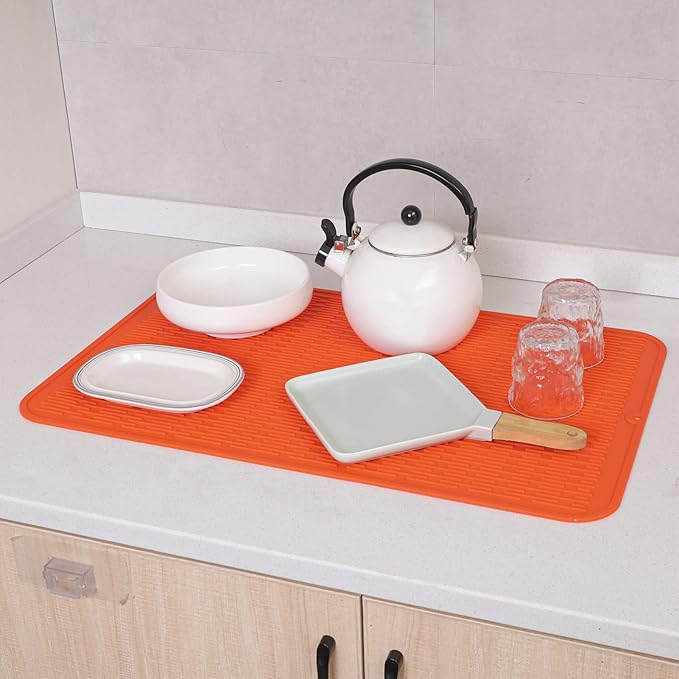 MicoYang Silicone Dish Drying Mat for Multiple Usage,Easy clean,Eco-friendly,Heat-resistant Silicone Mat for Kitchen Counter or Sink,Refrigerator or Drawer Liner Orange 3XL 28 inches x 18 inches - Image 5